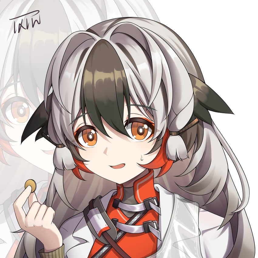 明日方舟、雪雉 (明日方舟) 1名女孩 黑发 脸红 棕眼睛 硬币