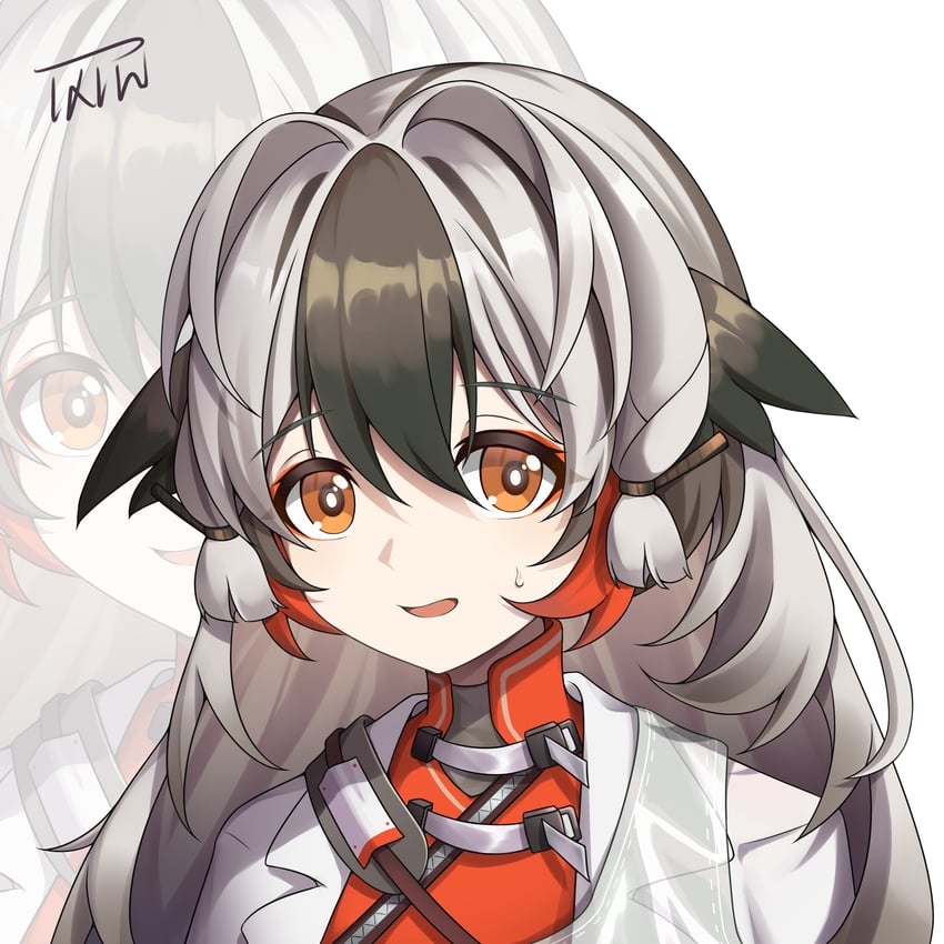 明日方舟、雪雉 (明日方舟) 1名女孩 黑发 脸红 棕眼睛 灰发