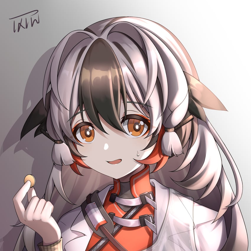 明日方舟、雪雉 (明日方舟) 1名女孩 黑发 脸红 棕眼睛 硬币