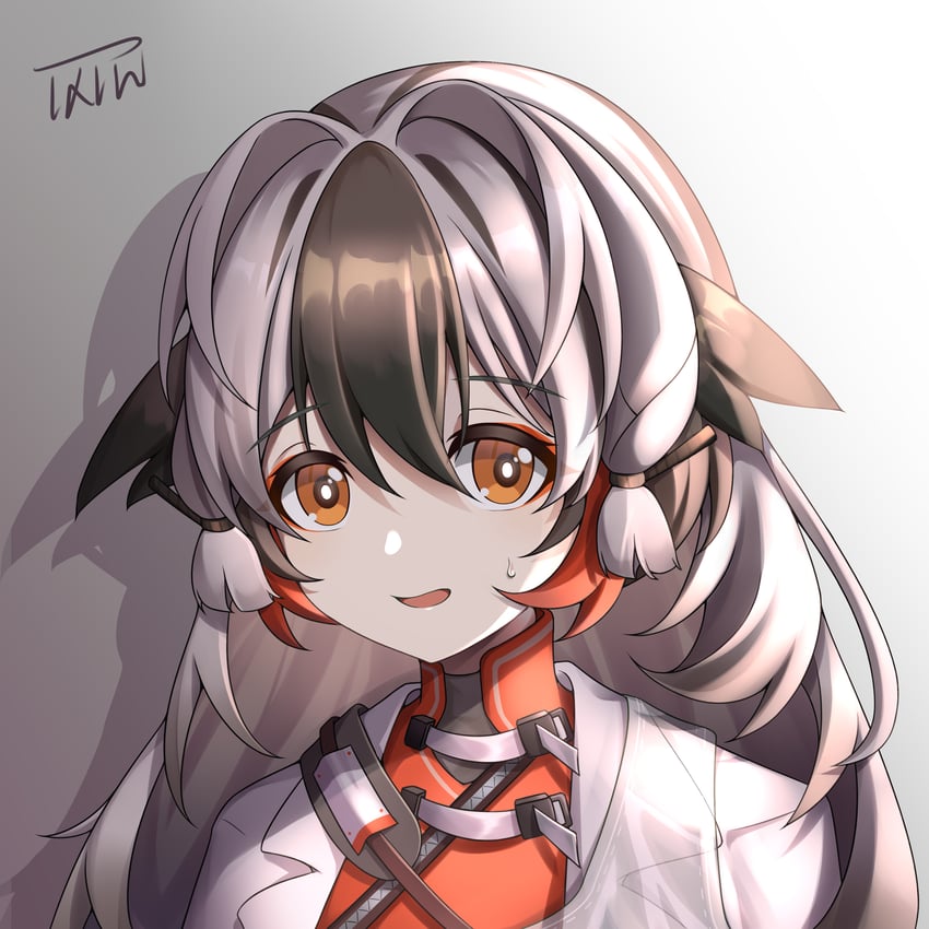 明日方舟、雪雉 (明日方舟) 1名女孩 黑发 脸红 棕眼睛 投影