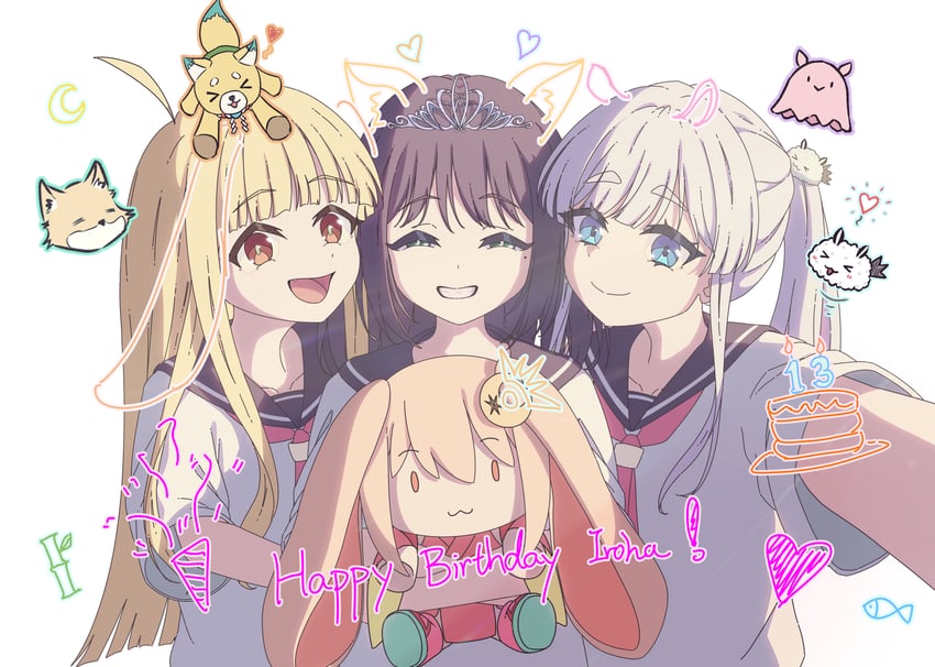 超辉夜姬!、不死 (超辉夜姬!)、辉夜 (超辉夜姬!) 3人女子 猫脸笑 呆毛 黑发 黑色水手领