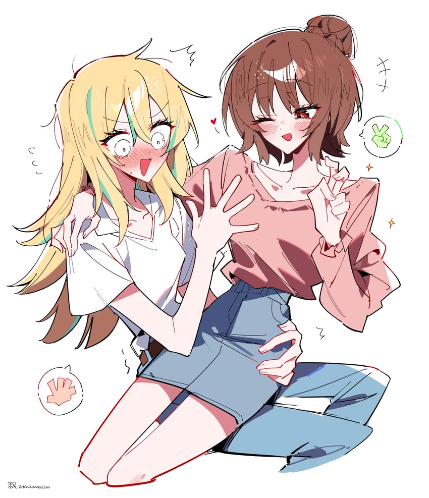 夜晚的水母不会游泳、光月桃之助、山内花音 2名女孩 金发 蓝色裤子 蓝裙子 脸红