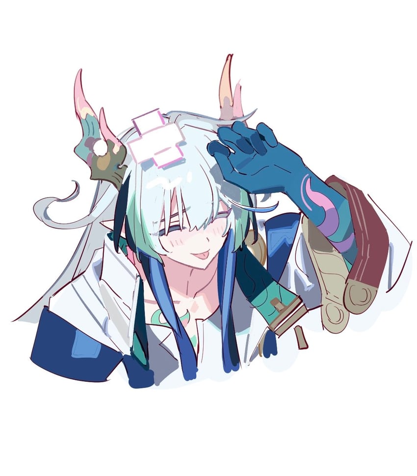 明日方舟、弈 (明日方舟) 1名男孩 :p 啊那个...嘿嘿 (模因) 蓝发 蓝色皮肤