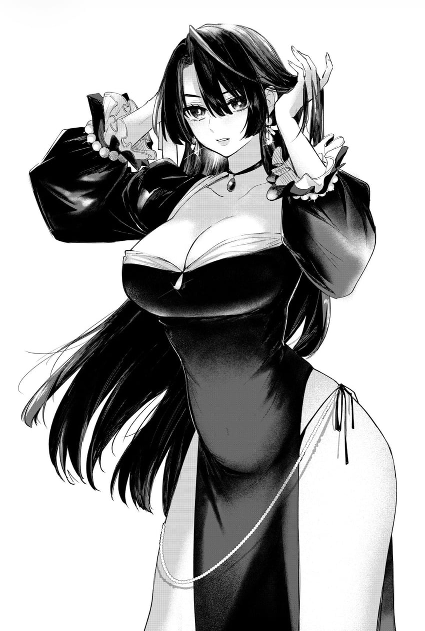 二次元插画 1名女孩 腹部 黑色连衣裙 黑瞳 黑发