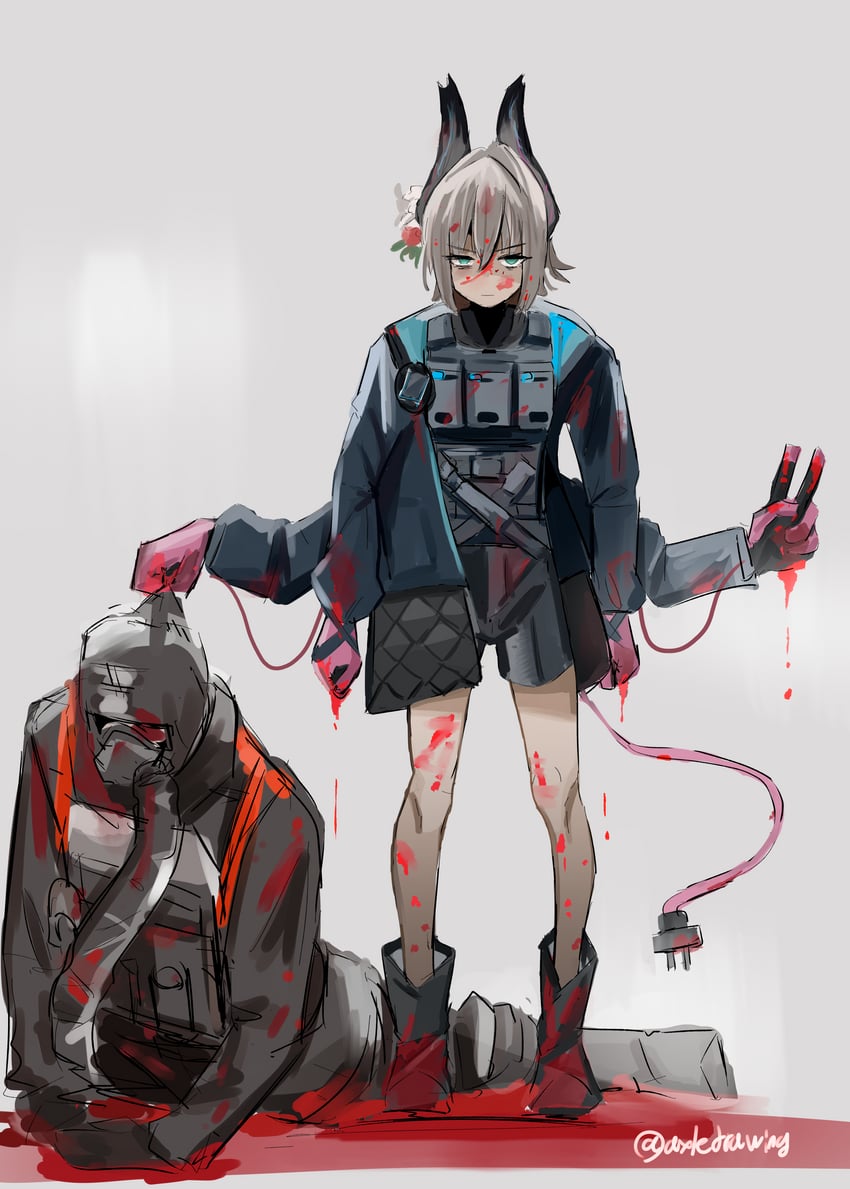 明日方舟、莱蒂亚 (明日方舟) 1名女孩 1个其他角色 血 脸上带血 靴子