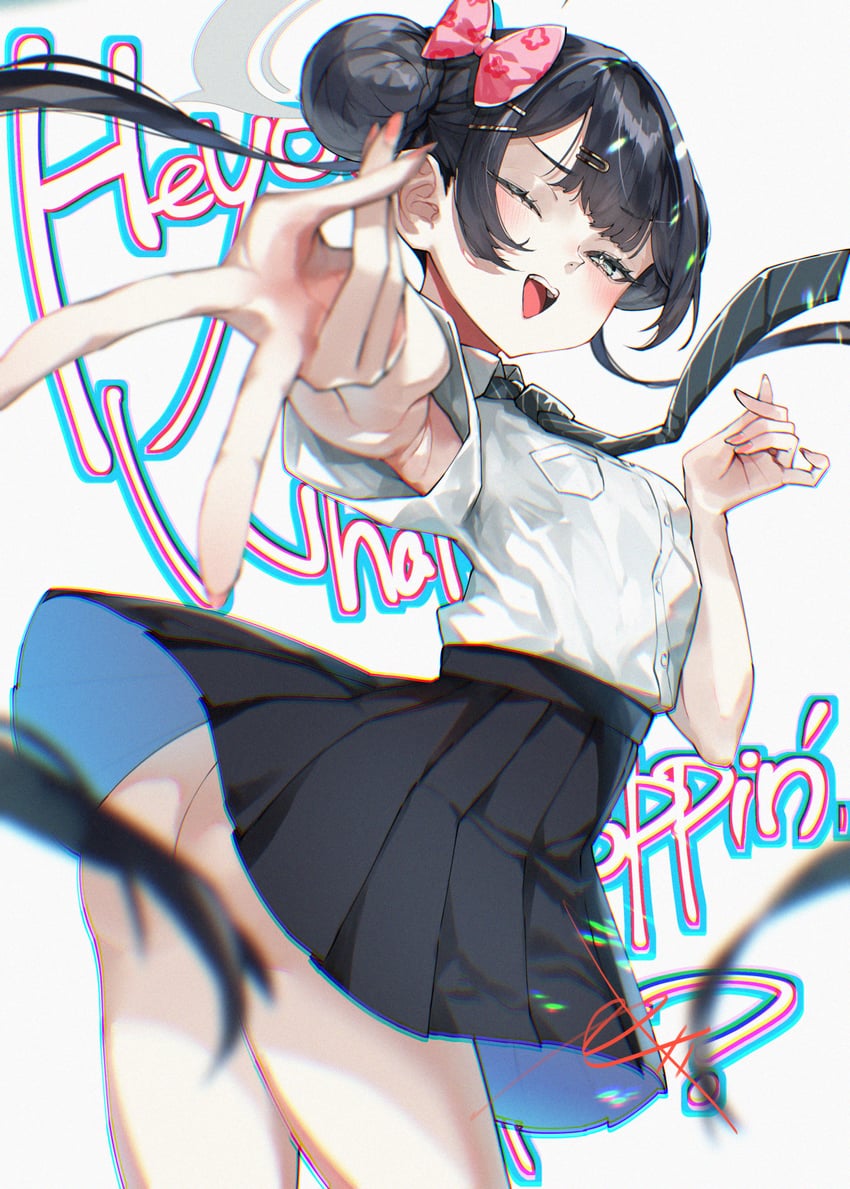 蔚蓝档案、妃咲 (碧蓝档案)、妃 (校服) (蔚蓝档案) 1名女孩 :D 微笑 屁股 黑色领带
