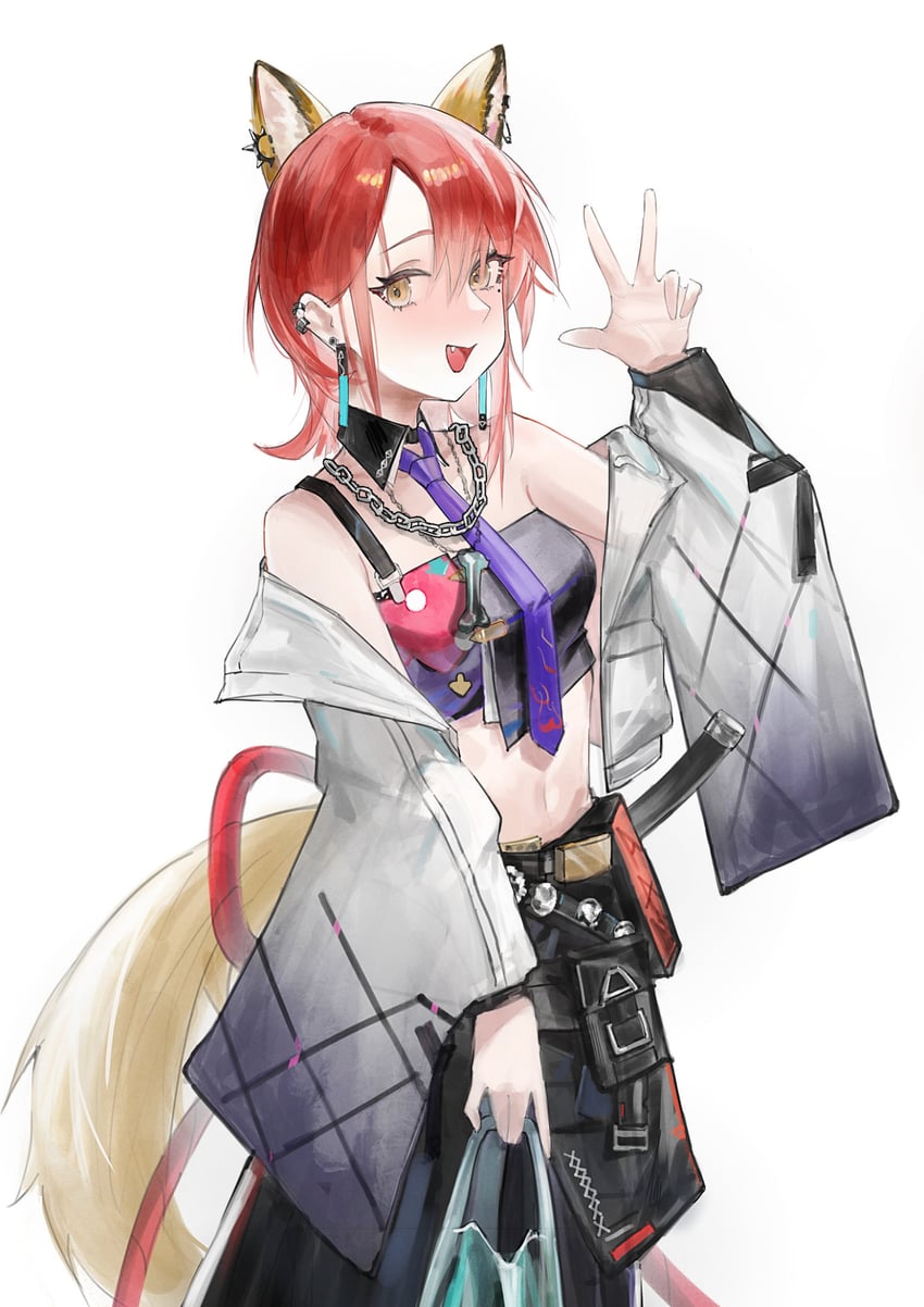 明日方舟、绮世 (明日方舟) 1名女孩 兽耳穿孔 兽耳 露肩 腹部