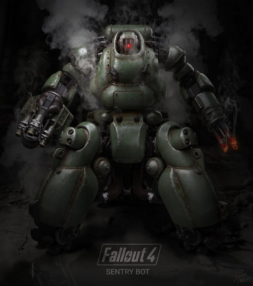 辐射、辐射4、sentry bot (fallout) 3D 手臂炮 铠甲 黑色背景 螺栓