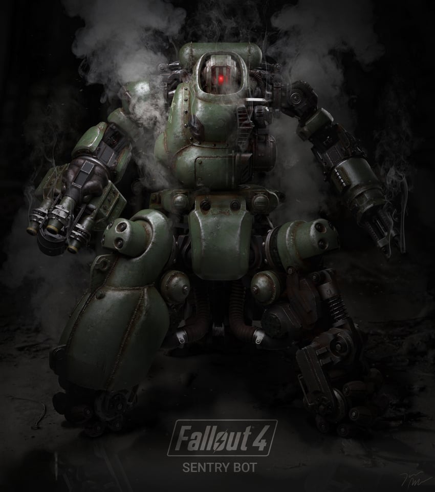 辐射、辐射4、sentry bot (fallout) 3D 手臂炮 铠甲 黑色背景 螺栓