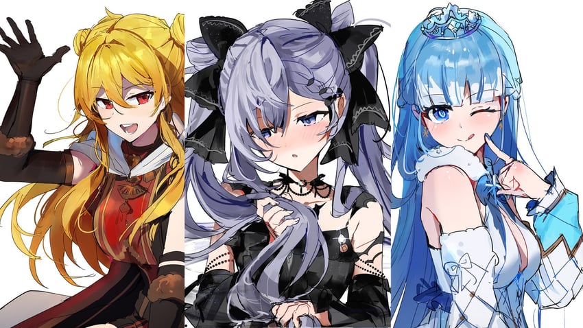 Hololive、Hololive Indonesia、Kaela Kovalskia 3人女子 黑色连衣裙 黑色手套 金发 蓝眼
