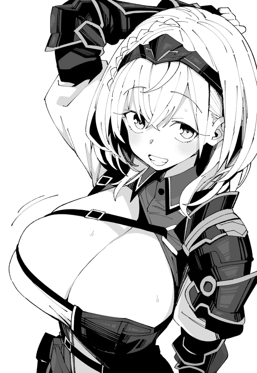 Hololive、白银诺艾尔、白银诺艾尔 (第一套服装) 1名女孩 举手 铠甲 乳房 乳沟