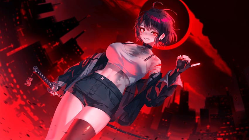 原创 1名女孩 呆毛 黑色项圈 黑色手套 黑发