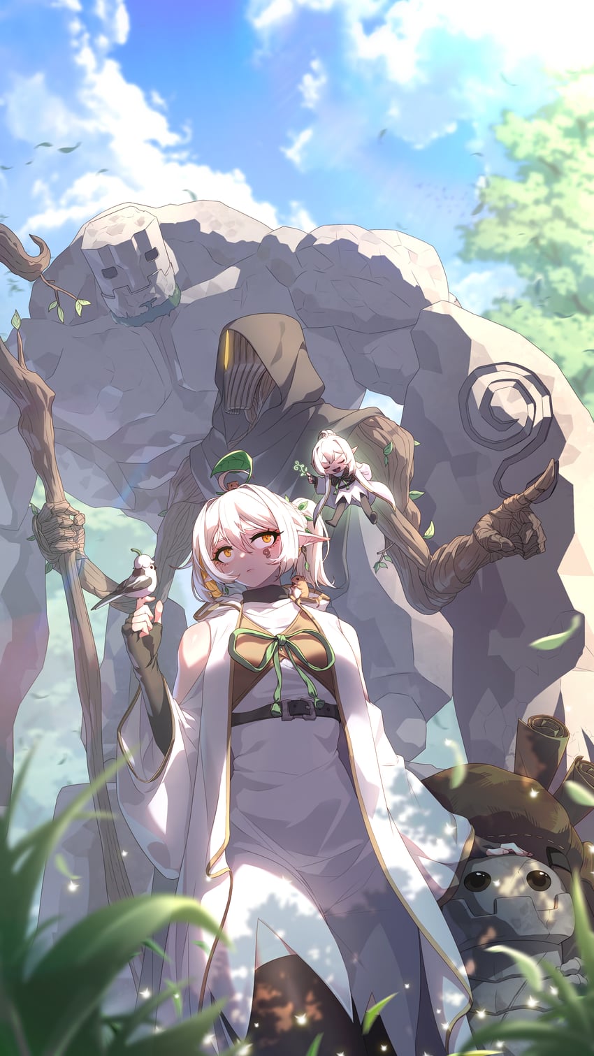 原创 2名女孩 鸟 鸟在手上 黑色手套 蓝天