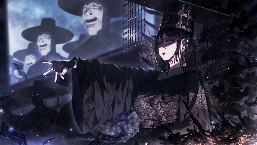 原创、阎魔 (神话) 1名女孩 腰带 黑色手套 黑发 黑唇