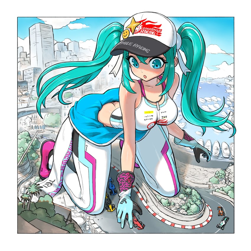 良笑社、Goodsmile Racing、VOCALOID 1名女孩 水色瞳 水色发 棒球帽 蓝天