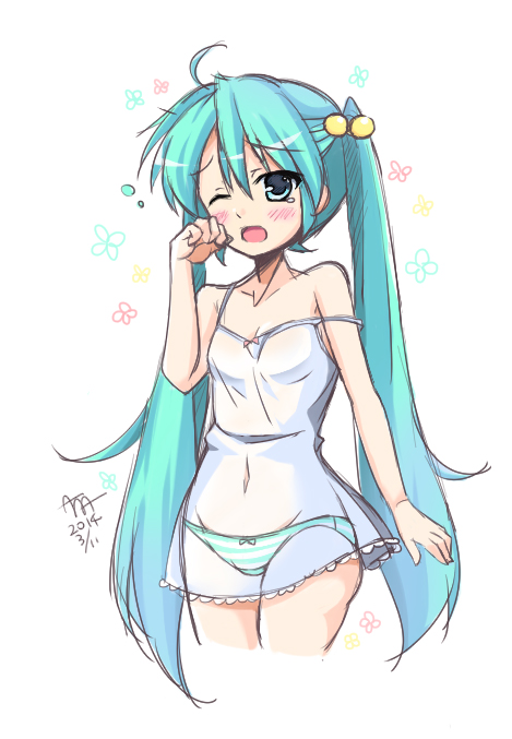 VOCALOID、初音未来 1名女孩 水色瞳 水色发 作者名 脸红