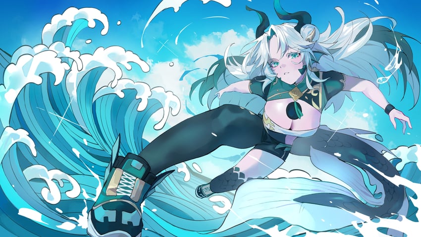 二次元插画 1名女孩 水色瞳 水蓝色角 不对称腿部穿着 蓝天