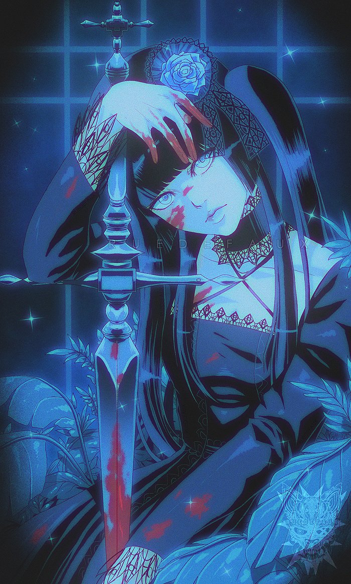 cineris somnia、ophelia (cineris somnia) 1名女孩 黑色项圈 黑色连衣裙 黑发 血