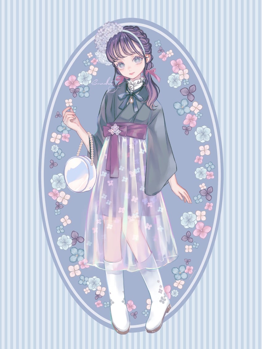 原创 1名女孩 包 蓝色背景 蓝花 蓝色丝带