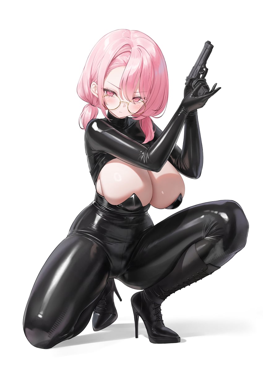二次元插画 1名女孩 贝雷塔92 黑色连体衣 黑色靴子 脸红