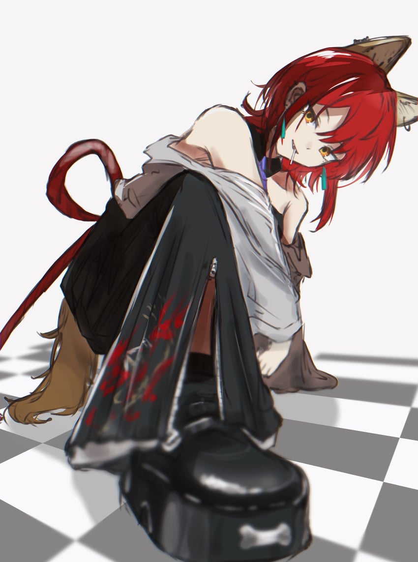 明日方舟、绮世 (明日方舟) 1名女孩 兽耳 宽松裤子 露肩 黑色靴子