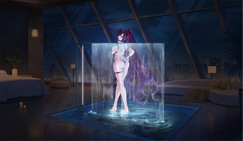碧蓝航线、U-2501 (碧蓝航线)、U-2501（水帘后的奇遇）（碧蓝航线） 1名女孩 整理衣服 调整泳装 臂环 屁股