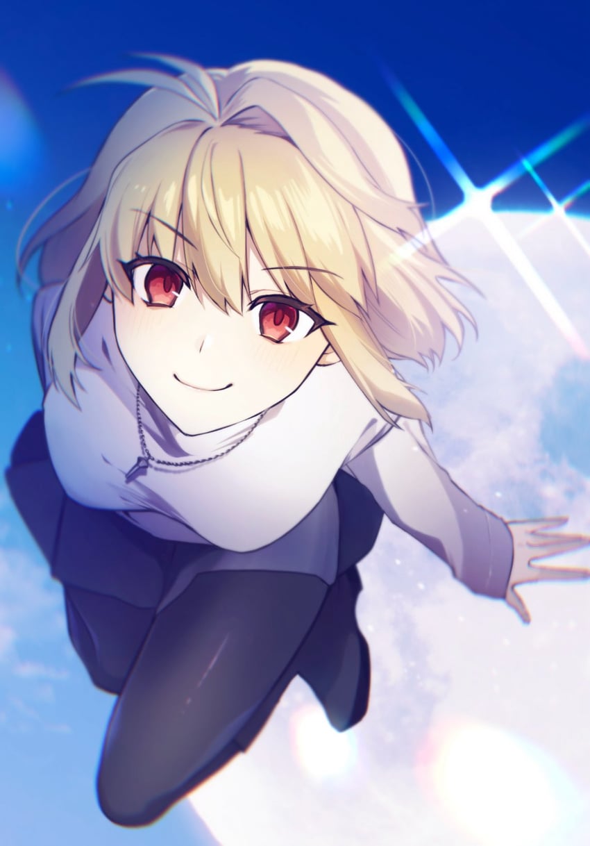 月姬、月姬 (重制版)、爱尔奎特·布伦史塔德 1名女孩 呆毛 手臂放在侧边 黑色连裤袜 金发