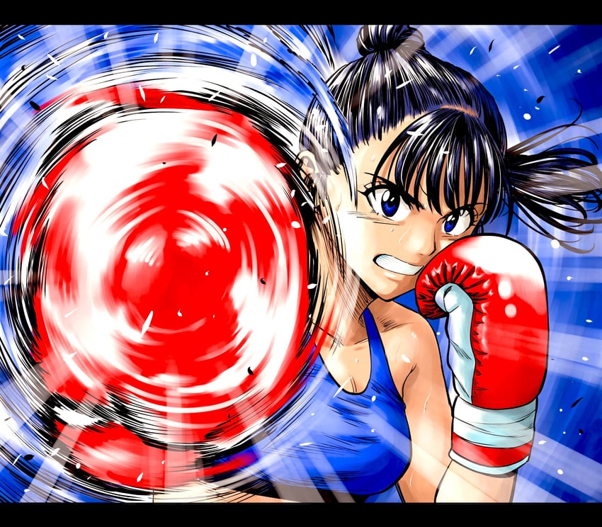 第一神拳、原创 1名女孩 attacking viewer 黑发 蓝色背景 蓝眼