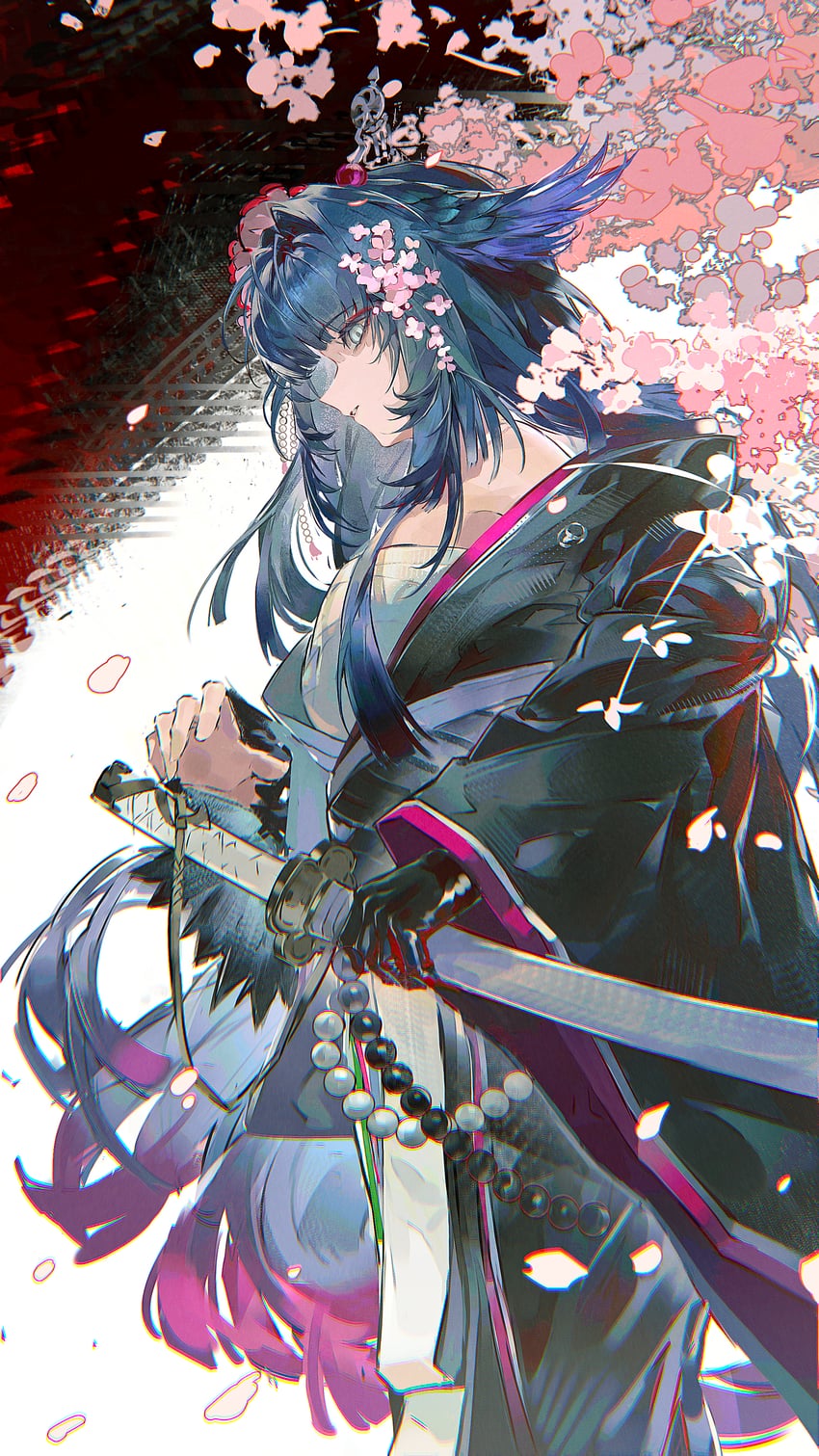 明日方舟、澪 (明日方舟) 1名女孩 黑发 黑色和服 蓝眼 樱花