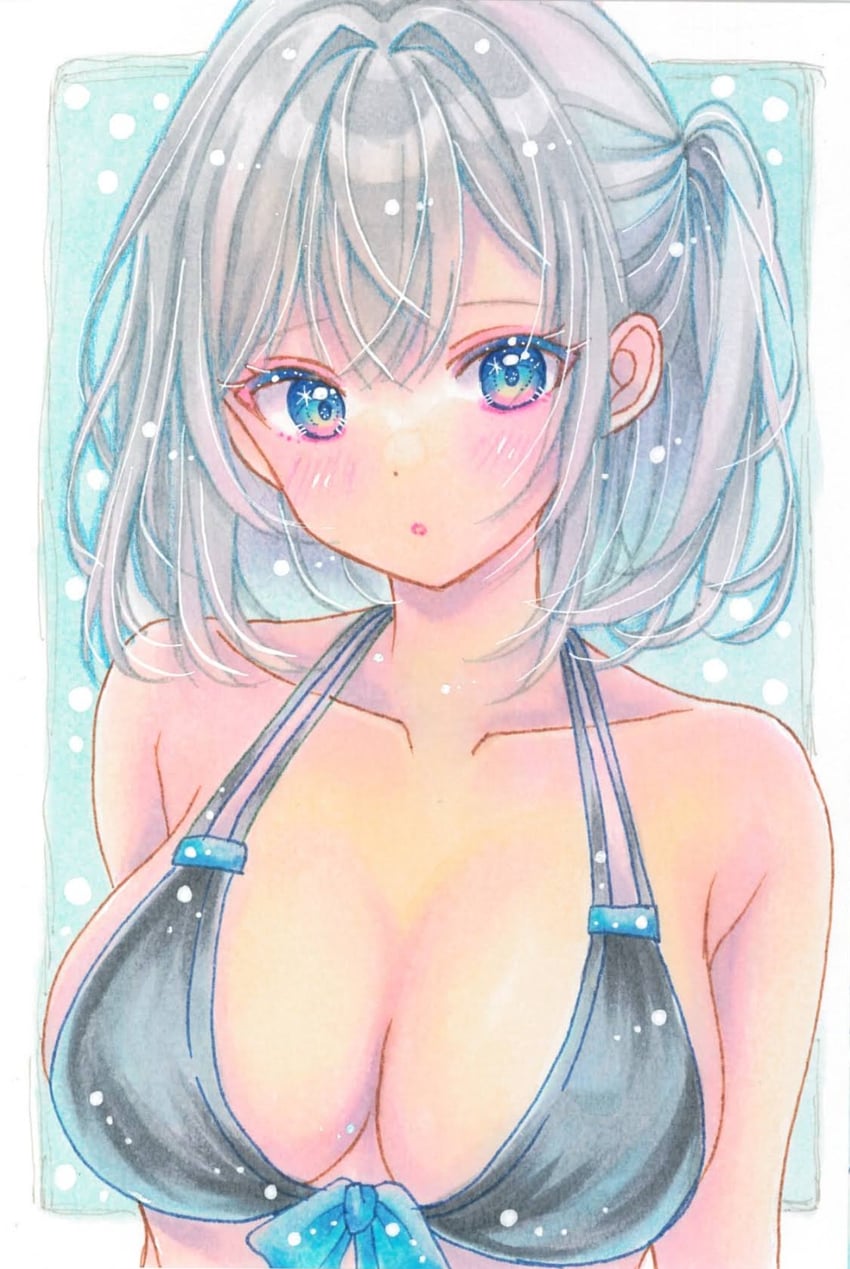 原创 1名女孩 惊讶 水色背景 腋窝褶皱 手放在身体两侧