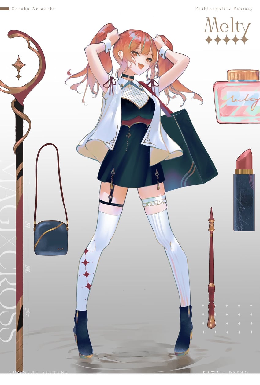 原创、melty (goroku) 1名女孩 整理头发 水色发 举起双手 作者名