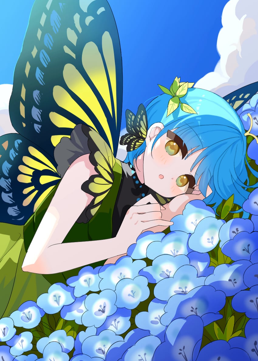 东方Project、艾塔妮缇·拉尔瓦 1名女孩 触角 蓝花 蓝发 蓝天