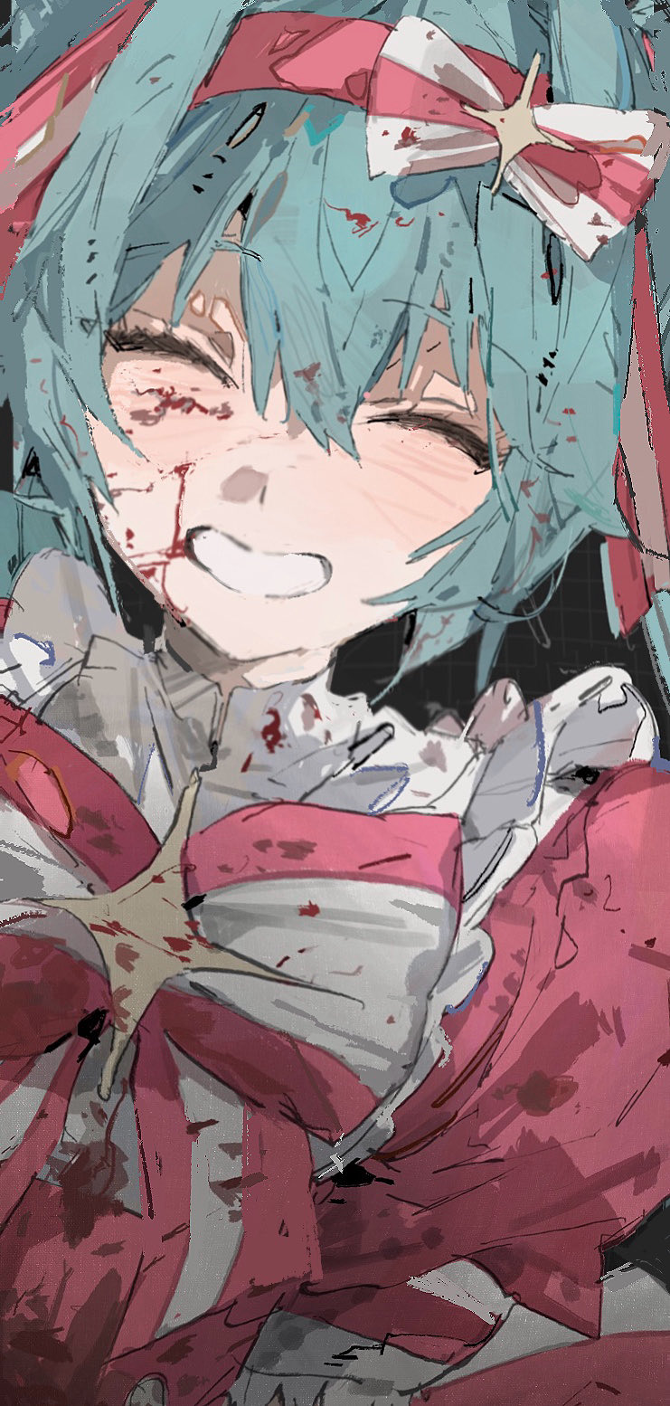 立刻轮回 (Vocaloid)、VOCALOID、初音未来 1名女孩 血 衣服上的血迹 脸上带血 蓝发