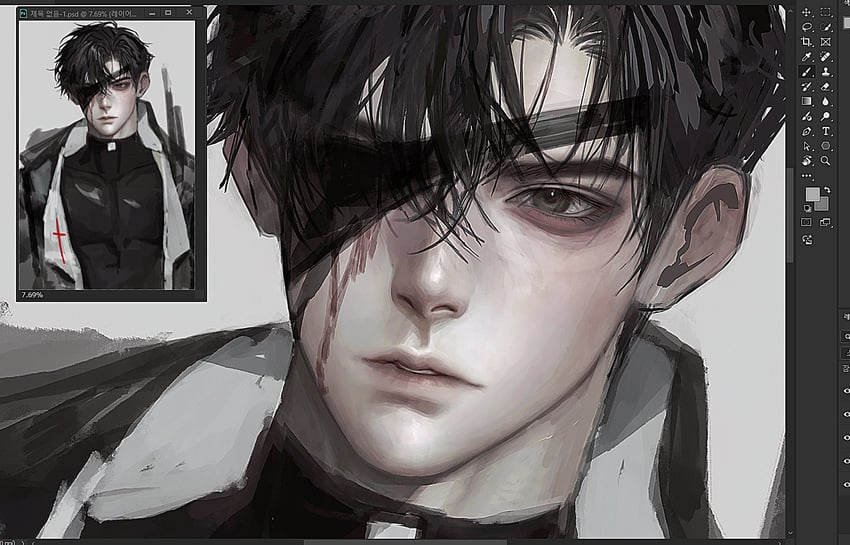 原创 1名男孩 黑发 黑色夹克 黑衬衫 血