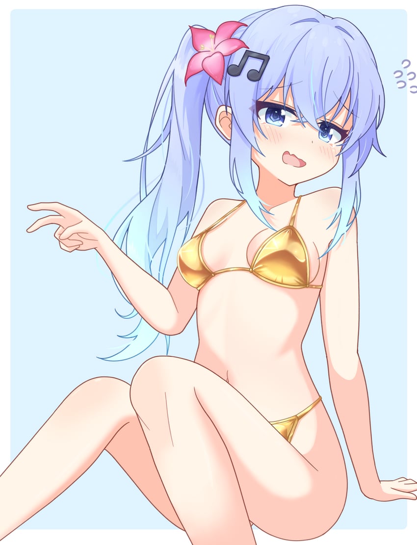 原创 1名女孩 连杠八分音符 比基尼 蓝色背景 蓝眼