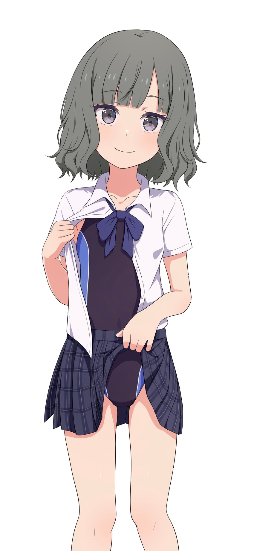 原创 1名女孩 黑色连体泳衣 黑色裙子 掀起衣服 有领衬衫