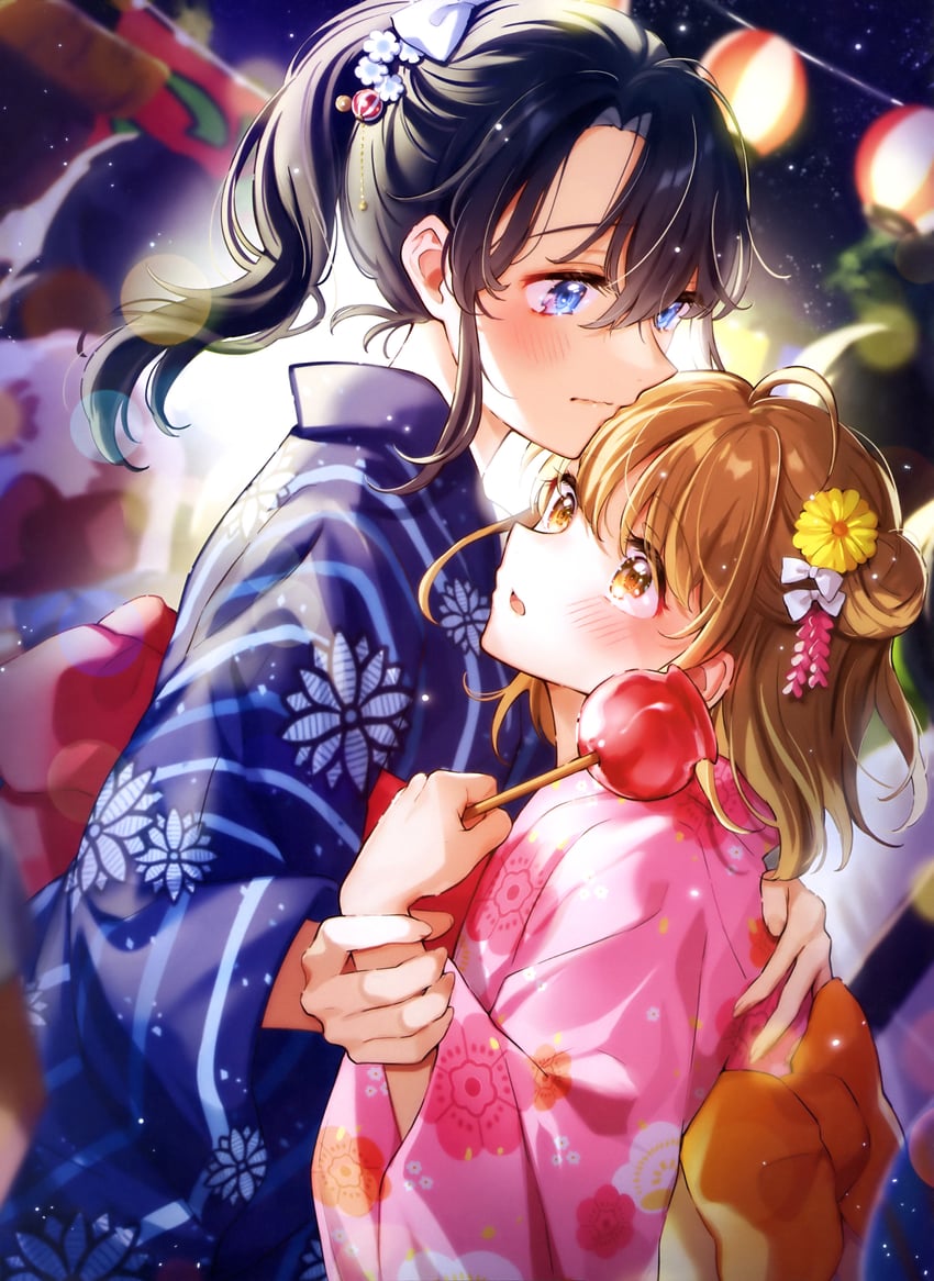 电击萌王、原创 2名女孩 黑发 蓝眼 蓝色和服 模糊