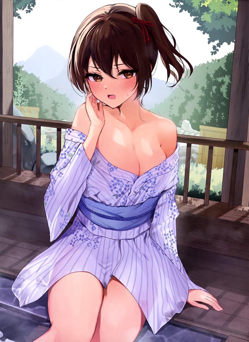 电击萌王、原创 1名女孩 手臂支撑 腋窝褶皱 浴衣 脸红