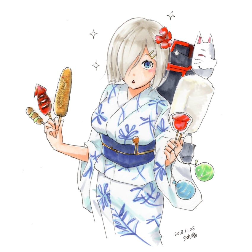 舰队Collection、滨风 (舰队Collection)、滨风 (浴衣) (舰队收藏) 1名女孩 :< 蓝眼 苹果糖 玉米