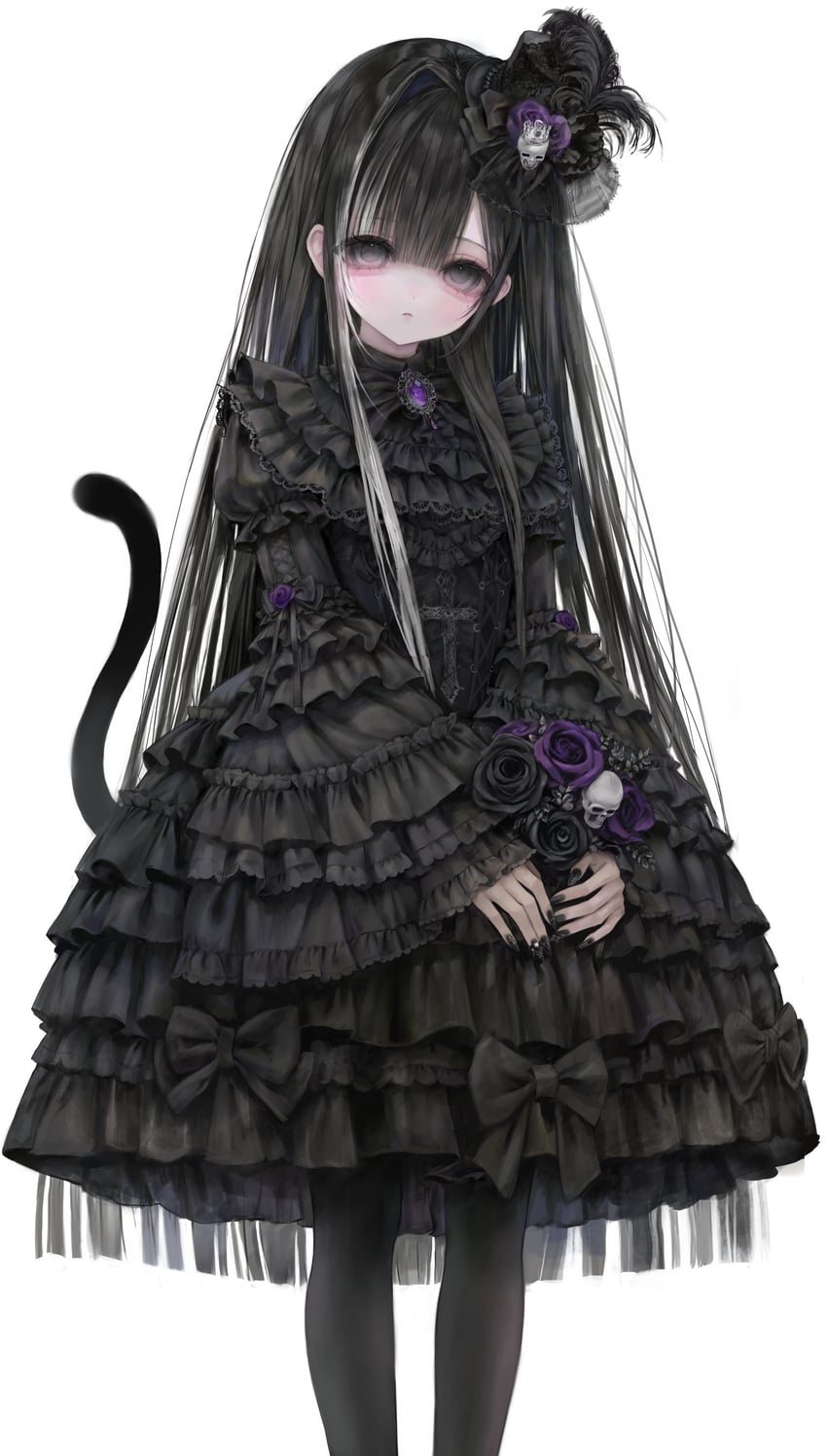 原创 1名女孩 精确的洛丽塔搭配 卧蚕 黑色蝴蝶结 黑色连衣裙