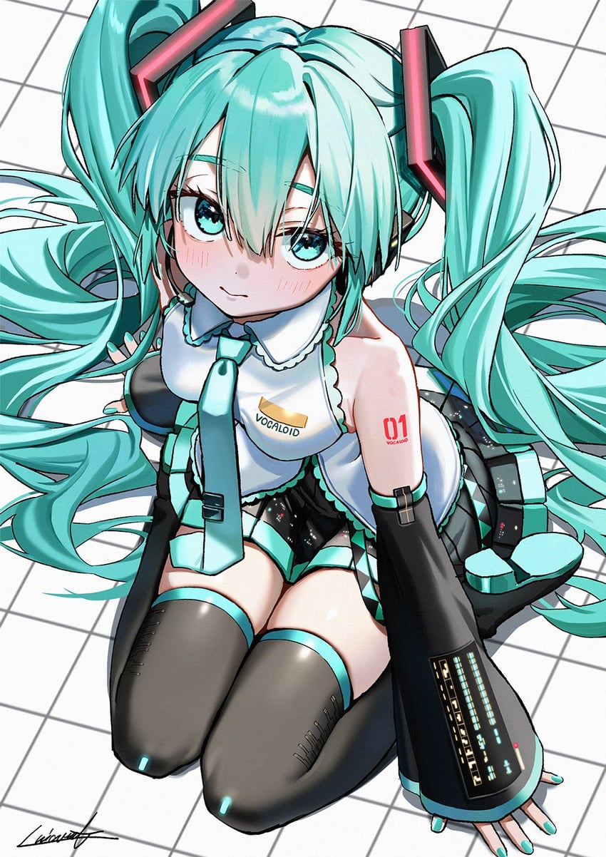 VOCALOID、初音未来 1名女孩 水色瞳 水色发 水蓝色指甲 水蓝色领带