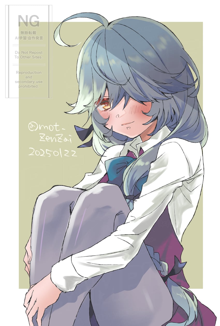 舰队Collection、滨波 (舰娘) 1名女孩 呆毛 黑色丝带 蓝色蝴蝶结 蓝色领结