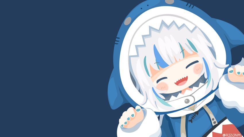 Hololive、Hololive英语、噶呜·古拉 1名女孩 动物兜帽 举起双手 蓝色背景 蓝色指甲