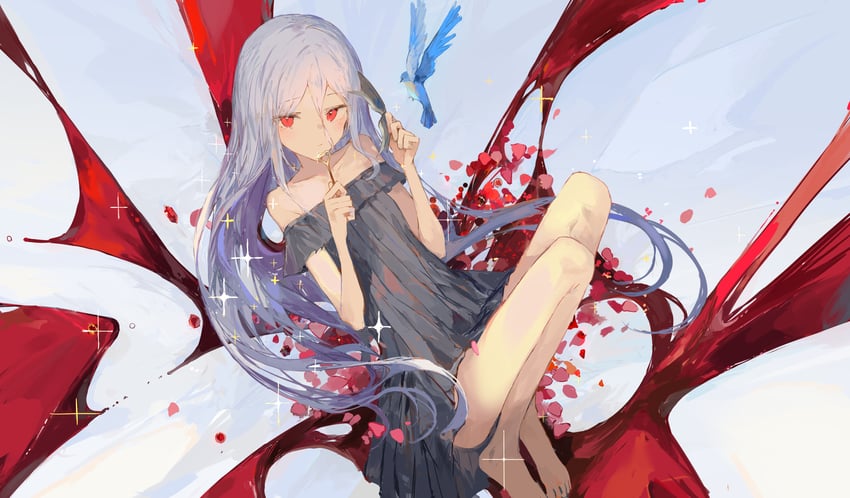 原创 1名女孩 露肩 赤脚 鸟 黑色连衣裙