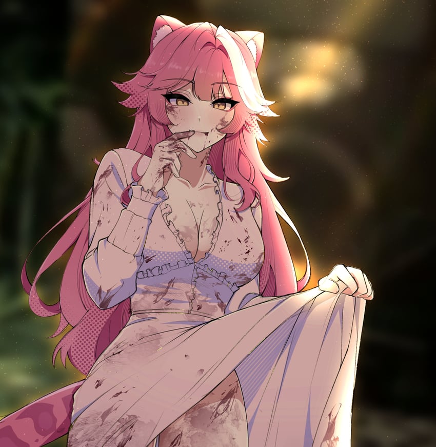 Hololive、Hololive英语、Raora Panthera (Hololive) 1名女孩 兽耳 模糊 模糊背景 乳房