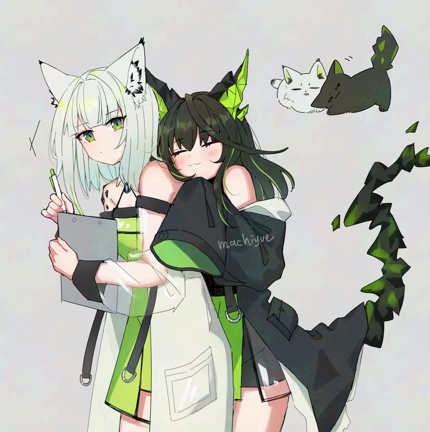 明日方舟、凯尔希 (明日方舟)、Mon3tr (明日方舟) 2名女孩 猫脸笑 兽耳毛 兽耳 动物化