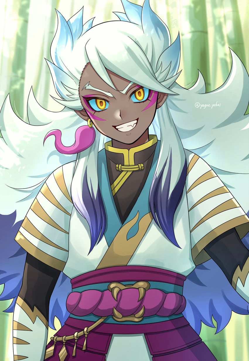 妖怪手表、妖怪手表 暗影面、byakko (youkai watch) 1名男孩 黑色翅膀 蓝色巩膜 有色巩膜 露齿而笑