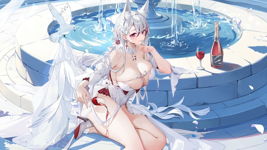 绯红神约 1名女孩 兽耳 脸红 乳房 乳沟