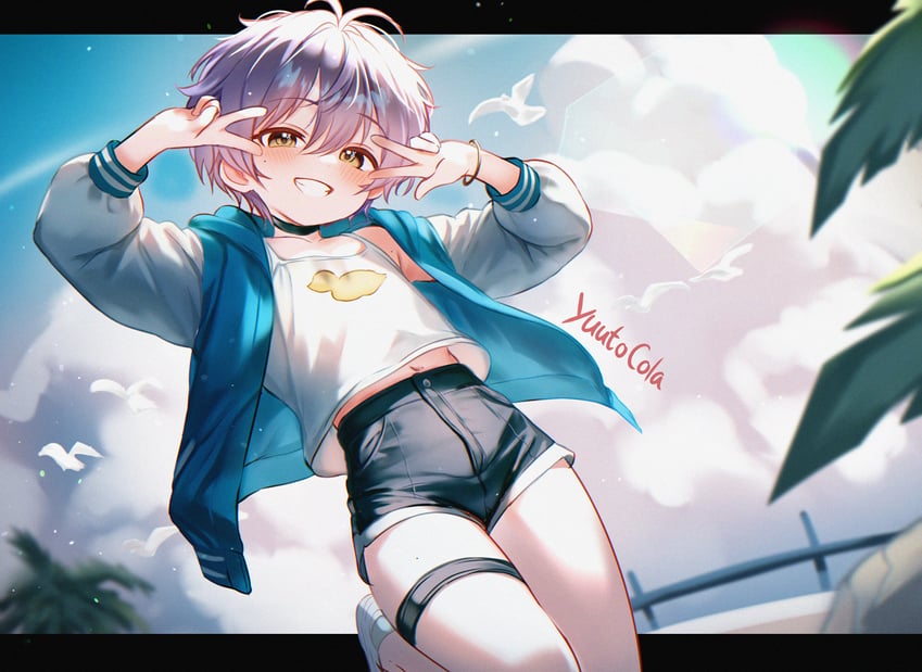 原创 1名男孩 呆毛 海滩 黑色短裤 蓝色夹克