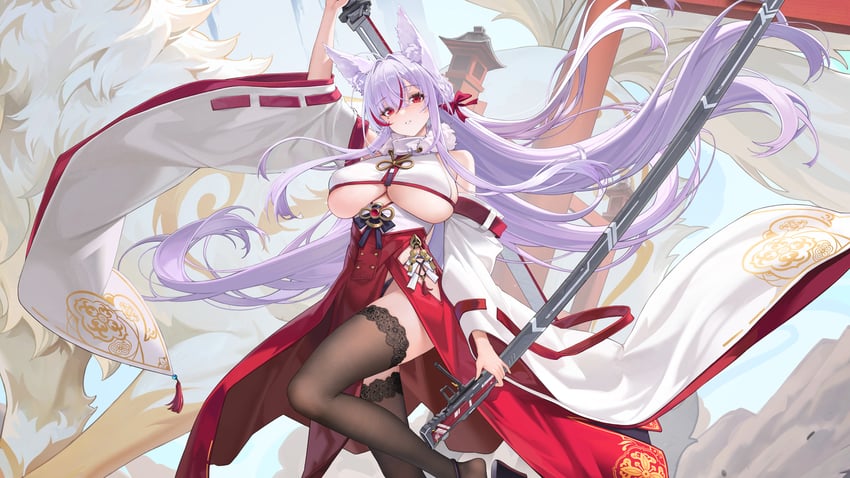 绯红神约 1名女孩 兽耳 举手 露肩 黑色过膝袜